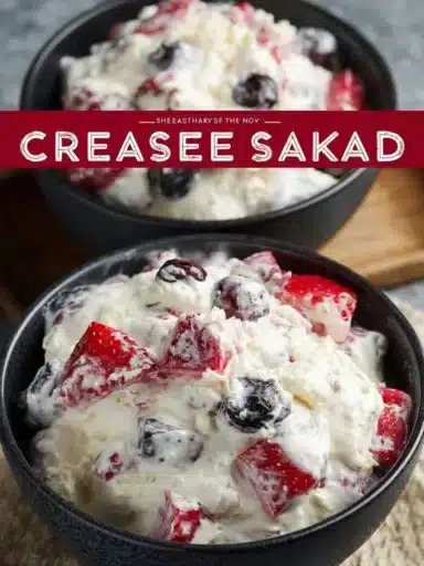 Delicious cheesecake salad with fresh fruits and creamy topping.