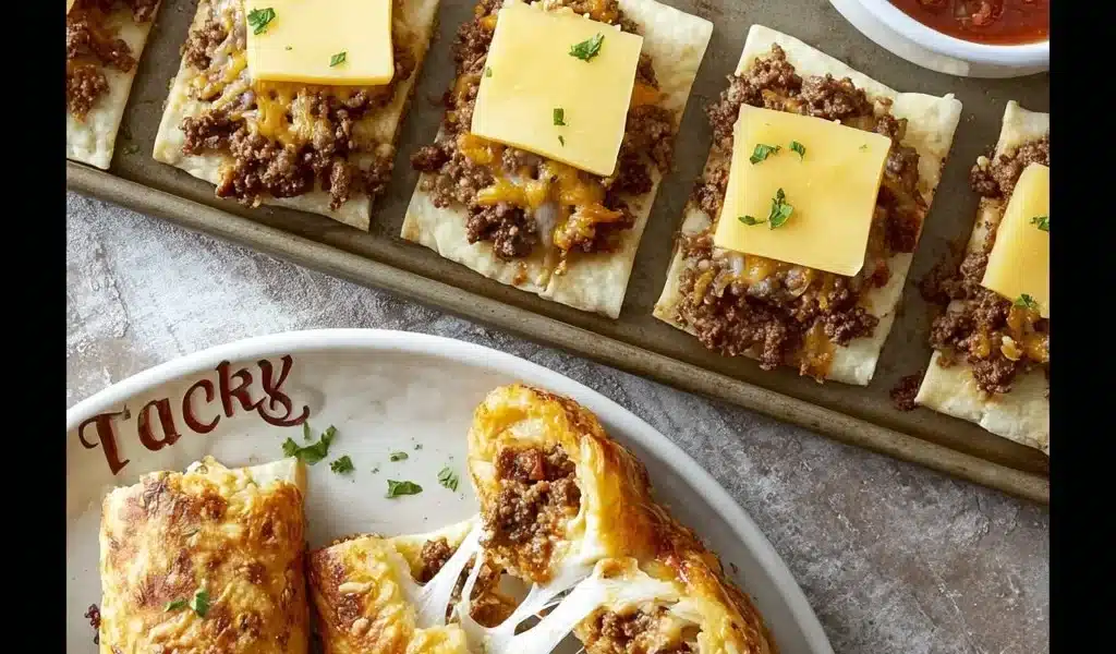 Plate of cheesy taco sticks served with dipping sauce