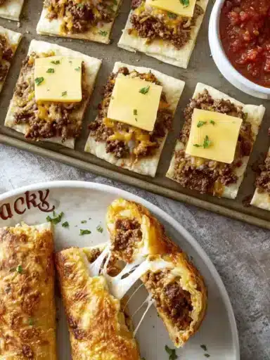 Plate of cheesy taco sticks served with dipping sauce