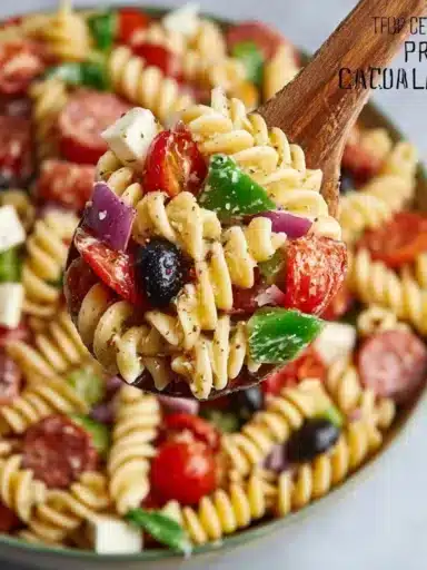 Delicious classic pasta salad with colorful vegetables and dressing