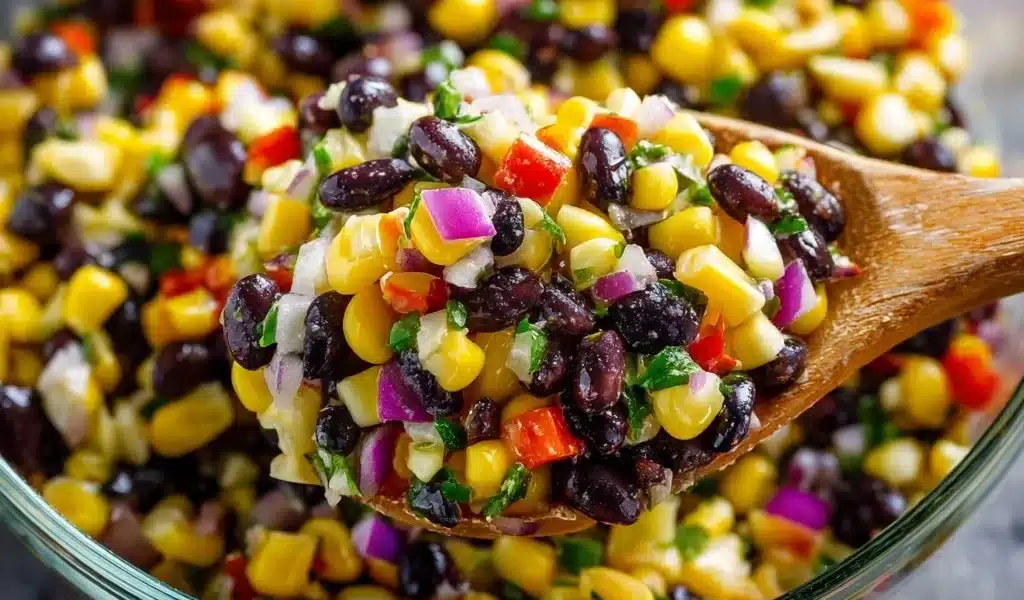 Delicious bowl of Corn and Black Bean Salad with fresh vegetables