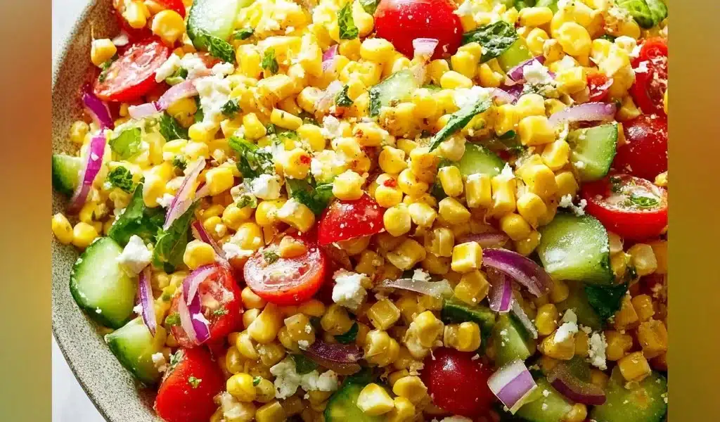 A colorful bowl of fresh corn salad with vegetables and dressing