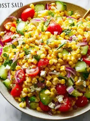 A colorful bowl of fresh corn salad with vegetables and dressing