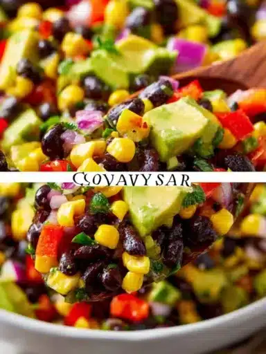 Bowl of colorful cowboy caviar with fresh vegetables and beans