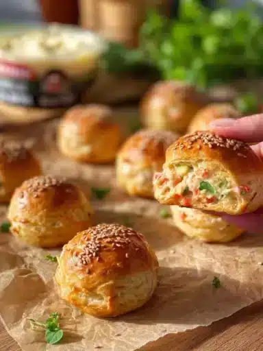 Cream cheese and vegetable puff pastry bites on a platter