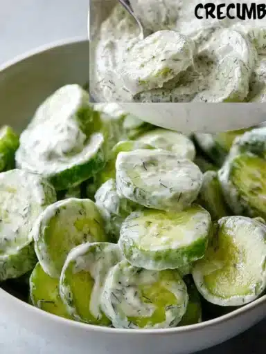 Creamy cucumber salad with fresh ingredients served in a bowl