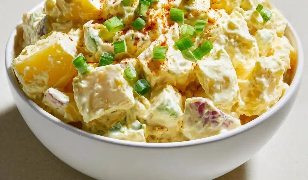 Delicious creamy potato salad served in a bowl at a picnic