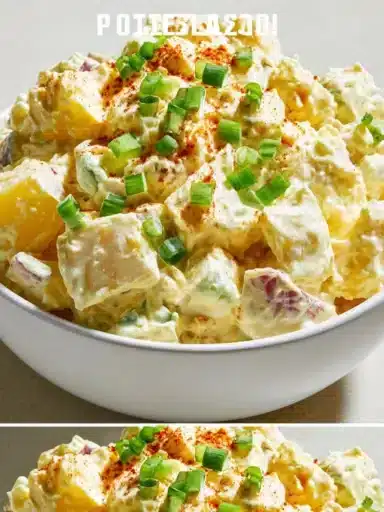 Delicious creamy potato salad served in a bowl at a picnic
