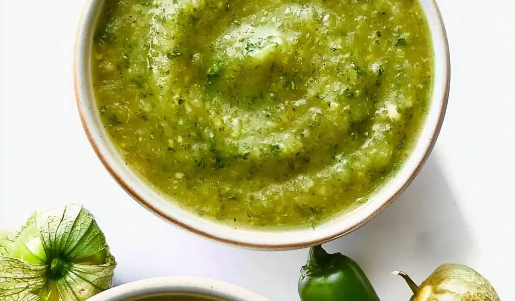 Creamy Tomatillo Avocado Green Sauce 5 Creamy tomatillo avocado green sauce drizzled over tacos and garnished with cilantro