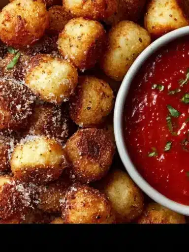 Crispy air fryer gnocchi served in a bowl with herbs