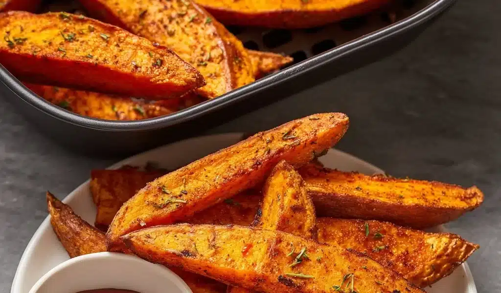 Crispy Air Fryer Sweet Potato Wedges Recipe: Healthy and Delicious 8 Crispy air fryer sweet potato wedges served as a healthy side dish.