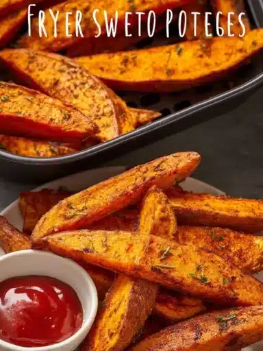 Crispy air fryer sweet potato wedges served as a healthy side dish.