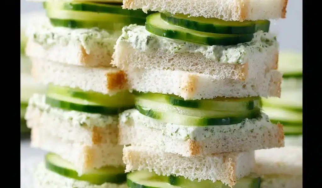 Cucumber Sandwiches Recipe: Refreshing and Easy Delight 8 Plate of freshly made cucumber sandwiches with herbs and cream cheese
