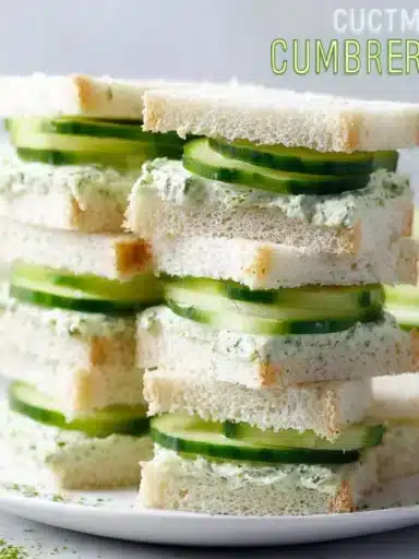 Plate of freshly made cucumber sandwiches with herbs and cream cheese