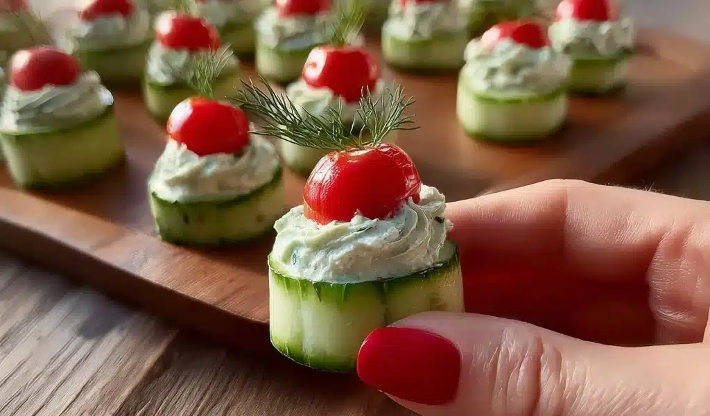 Colorful cucumber bites appetizers on a platter, perfect for parties and gatherings.