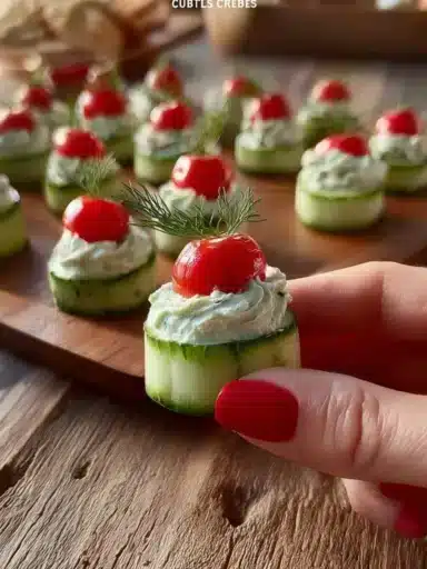 Colorful cucumber bites appetizers on a platter, perfect for parties and gatherings.