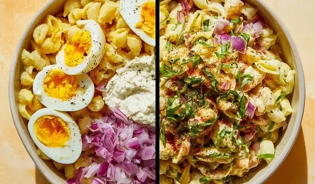 Deviled Egg Macaroni Salad served in a bowl with colorful vegetables