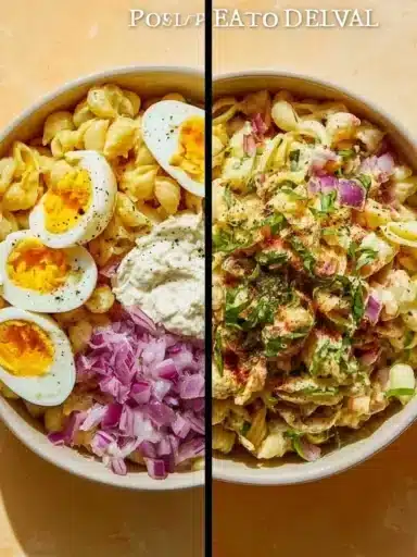 Deviled Egg Macaroni Salad served in a bowl with colorful vegetables