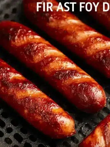 Deliciously crispy air fryer hot dogs ready to serve with condiments.
