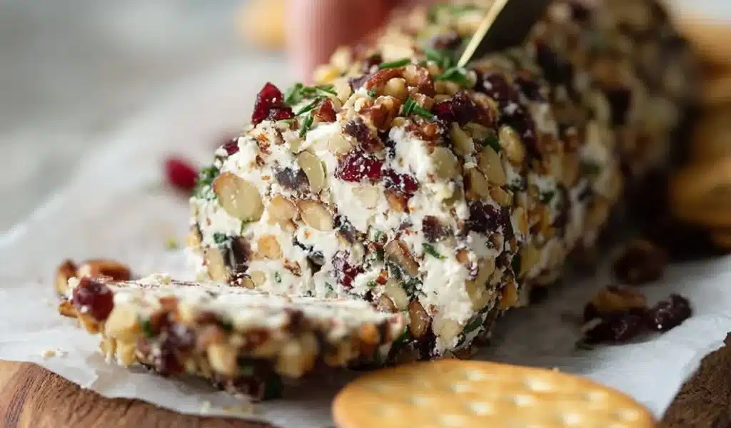 Delicious easy cheese log appetizer with herbs and nuts