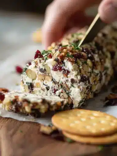 Delicious easy cheese log appetizer with herbs and nuts