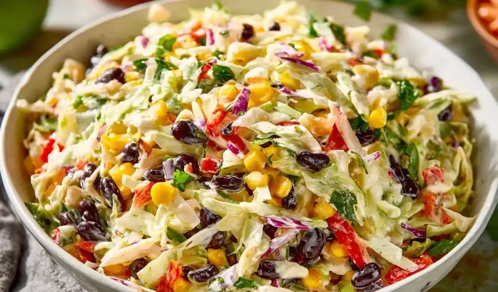 Bowl of easy Mexican coleslaw with vibrant vegetables and dressing.