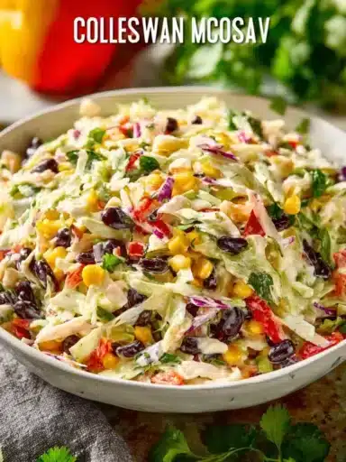 Bowl of easy Mexican coleslaw with vibrant vegetables and dressing.