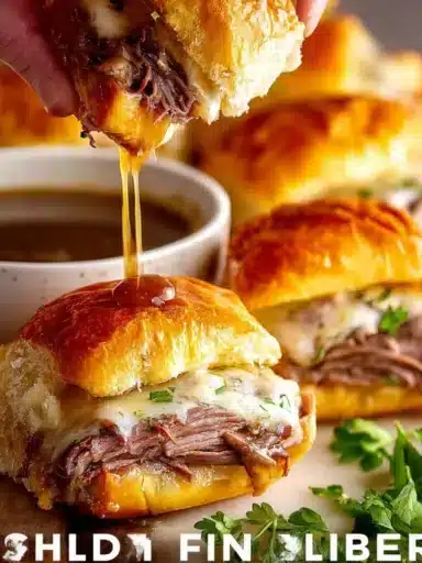 Delicious French Dip Sliders served with savory au jus for dipping