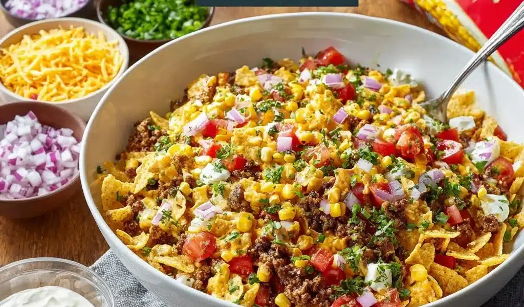 Fritos Chili Cheese Salad with beans, cheese, and Fritos chips in a colorful serving bowl