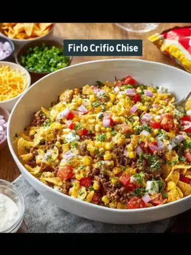 Fritos Chili Cheese Salad with beans, cheese, and Fritos chips in a colorful serving bowl