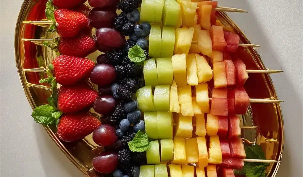 Fruit platter | Appetizer skewers, appetizer platter, birthday 8 Colorful appetizer platter featuring fruit and skewers for a birthday party