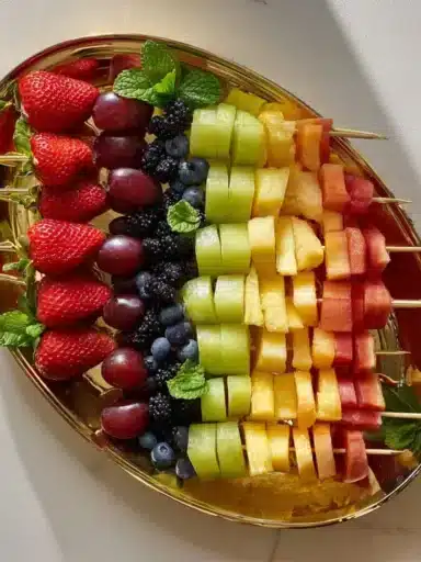Colorful appetizer platter featuring fruit and skewers for a birthday party