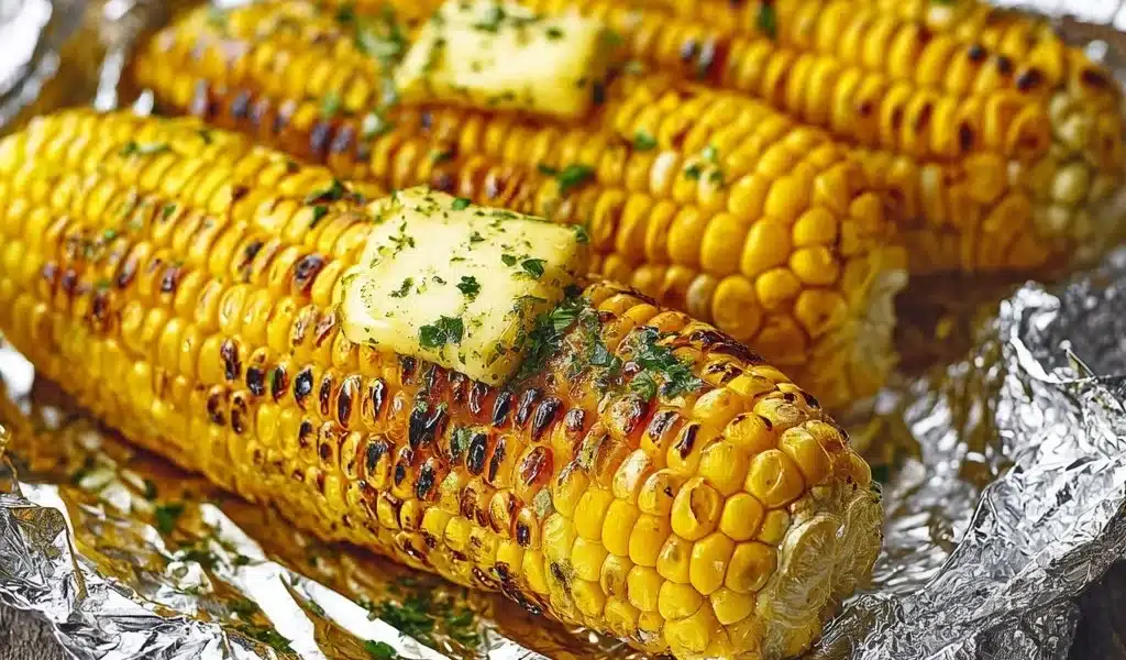 Grilled corn on the cob wrapped in foil for perfect BBQ flavor