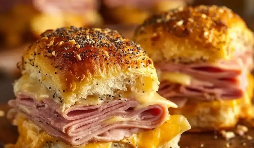 Ham and Cheese Sliders: The Perfect Party Recipe 8 Delicious ham and cheese sliders served in a platter, perfect for gatherings.