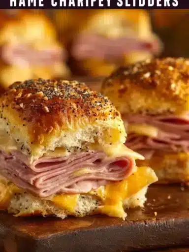 Delicious ham and cheese sliders served in a platter, perfect for gatherings.