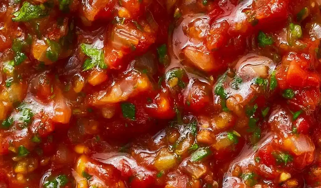 A bowl of fresh homemade salsa with tomatoes, onions, and cilantro