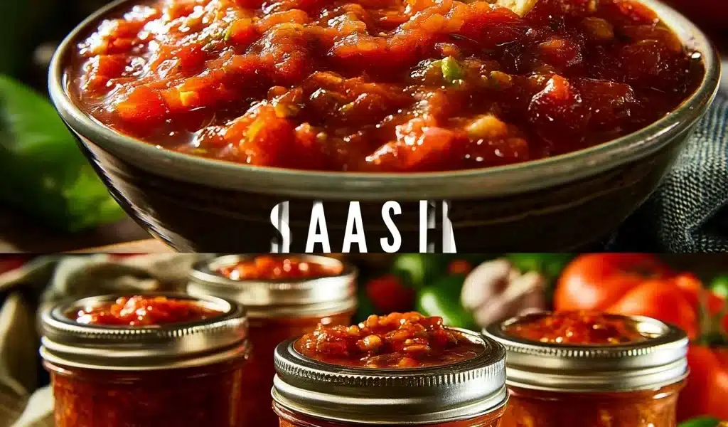 Jars of homemade salsa for canning with fresh ingredients on a wooden table