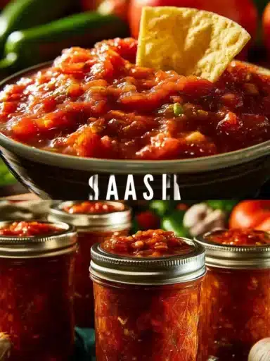 Jars of homemade salsa for canning with fresh ingredients on a wooden table