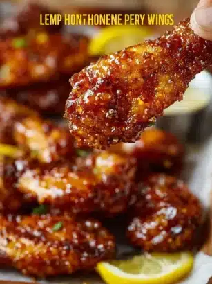 Delicious Honey Lemon Pepper Wings garnished with lemon slices and pepper