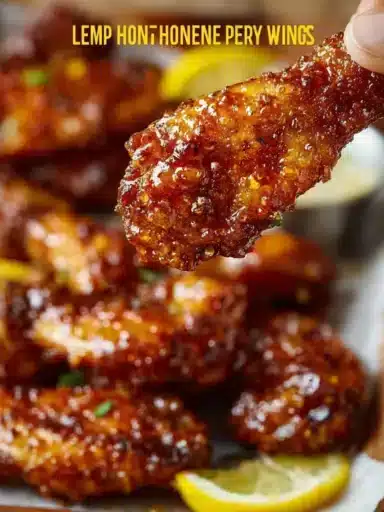 Delicious Honey Lemon Pepper Wings garnished with lemon slices and pepper