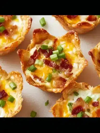 Jalapeno popper wonton cups garnished with cream cheese and jalapenos