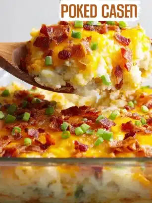 Delicious loaded baked potato casserole topped with cheese and bacon