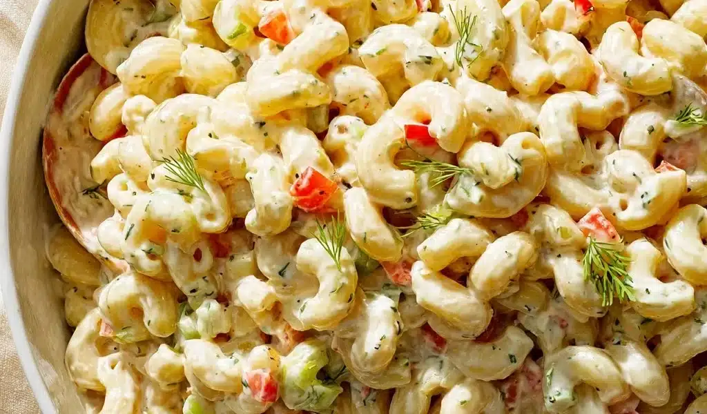 Delicious macaroni salad served in a bowl, perfect for summer gatherings.