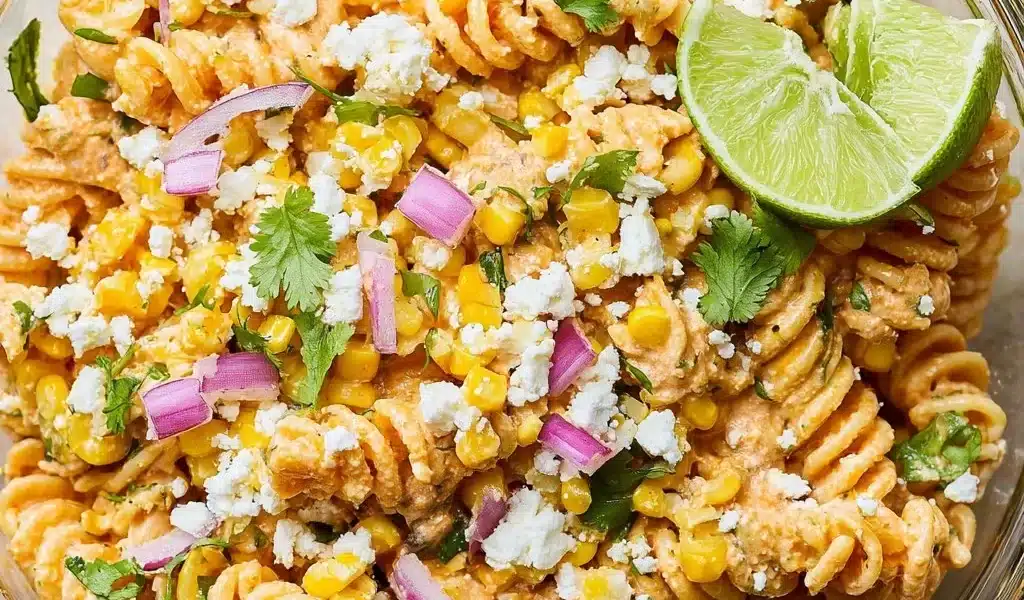 Bowl of Mexican street corn pasta salad with fresh ingredients and vibrant colors.