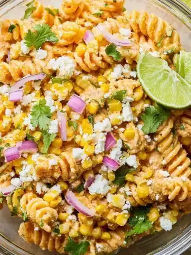 Bowl of Mexican street corn pasta salad with fresh ingredients and vibrant colors.