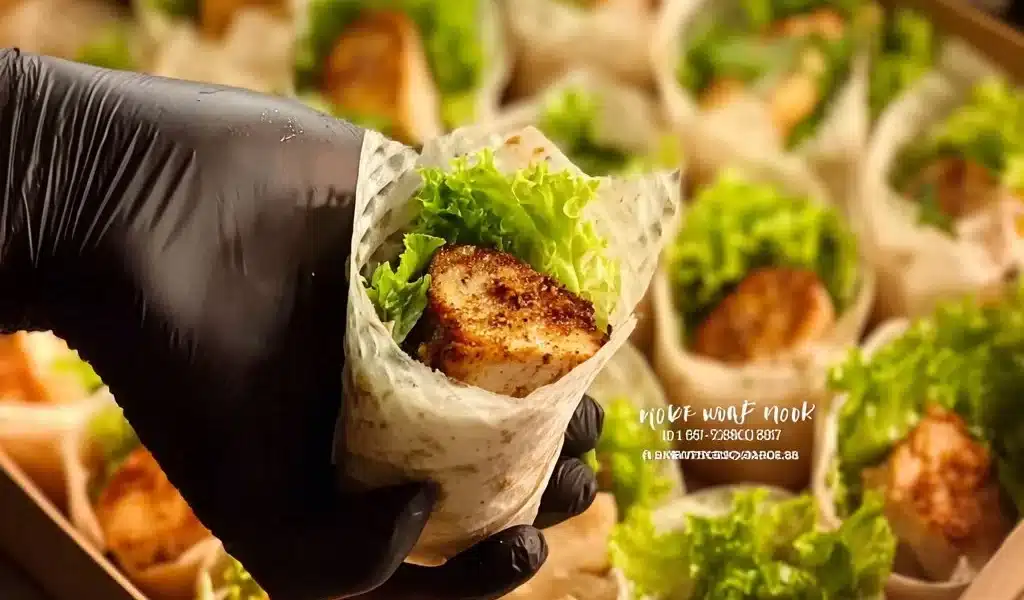 Plate of mini chicken wraps served with fresh vegetables and sauces