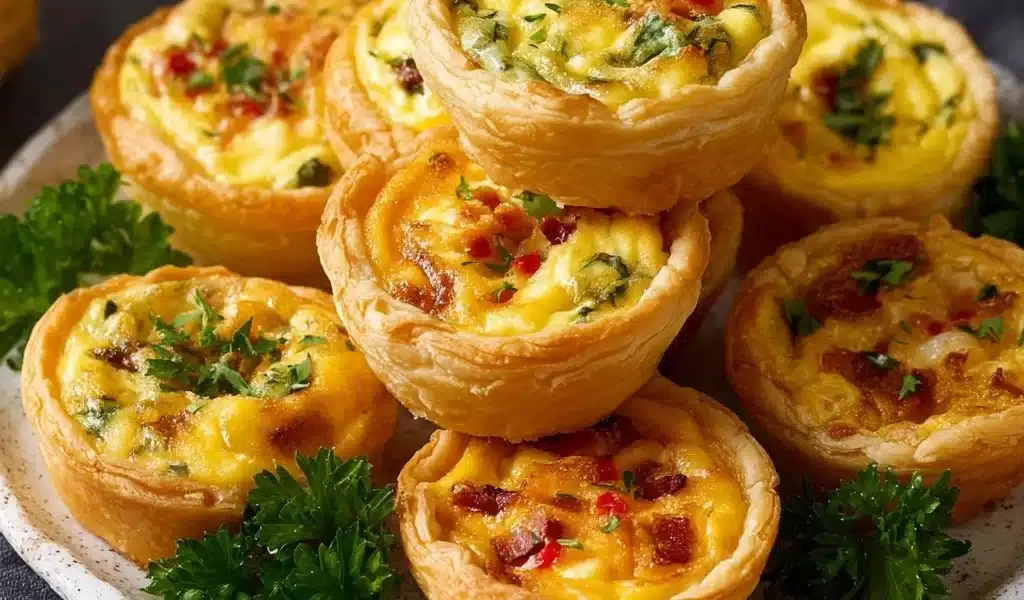 Mini Quiches - 5 Versatile and Delicious Variations 7 Delicious mini quiches on a platter, perfect for appetizers and parties