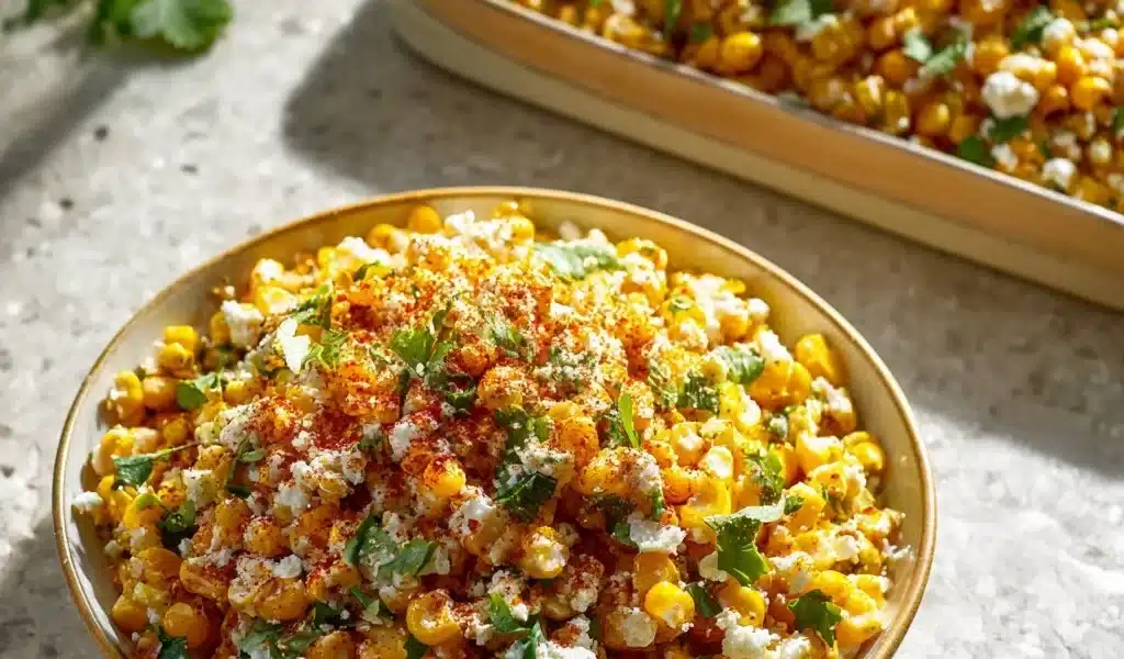 Delicious Mexican street corn salad with corn, cheese, and spices