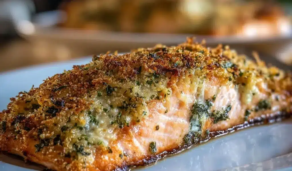 Parmesan-Basil Air Fryer Salmon – A Flavorful and Healthy Recipe 8 Parmesan-Basil Air Fryer Salmon on a plate with fresh herbs