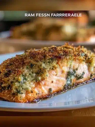 Parmesan-Basil Air Fryer Salmon on a plate with fresh herbs